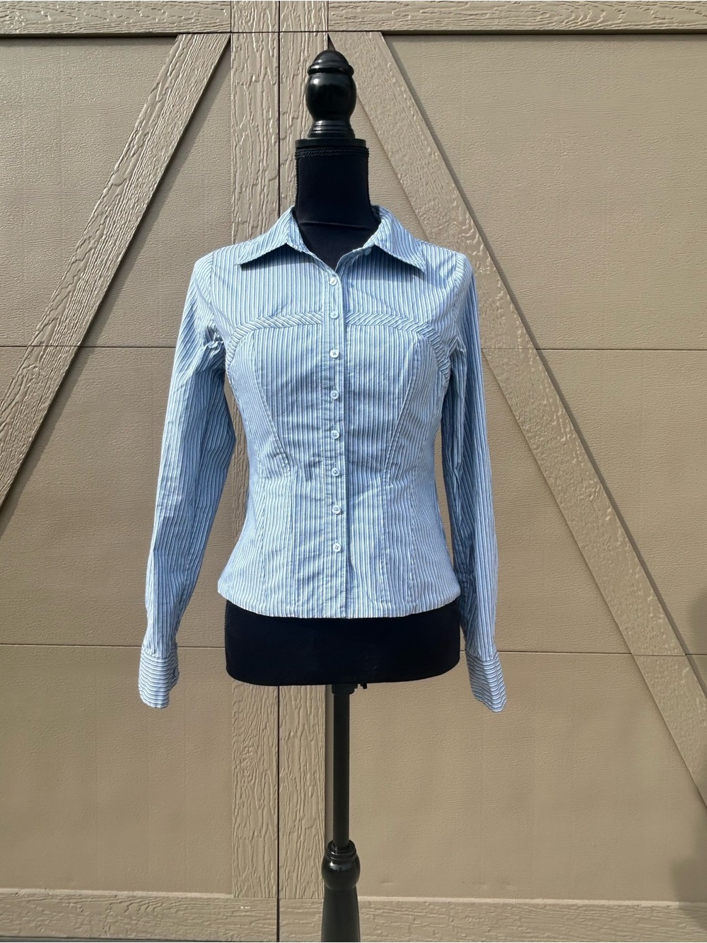 Classic Blue Stripe Button-Front Women's Shirt with collar